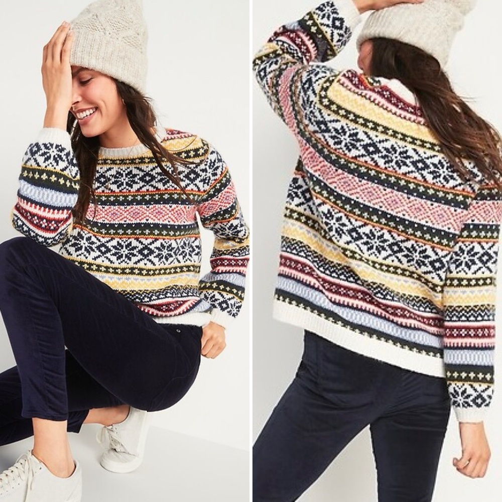 Old Navy Womens Cozy Fair Isle Sweater Size XS Nordic Blouson Sleeve Oversized